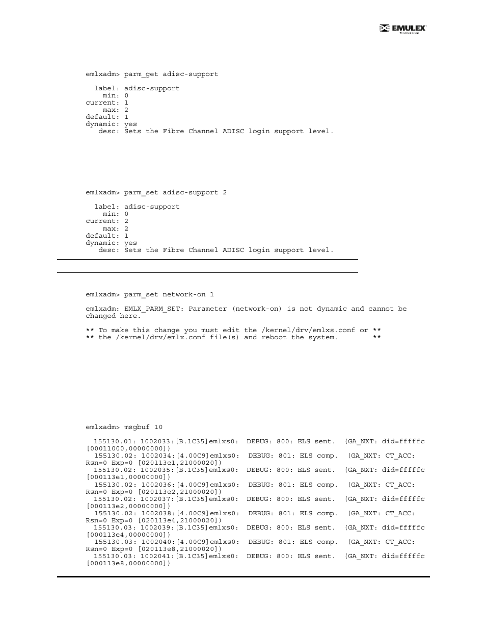 Parm_set <label> <value, Msgbuf all or <number> [-i interval | Emulex EMULEX User Manual | Page 24 / 36