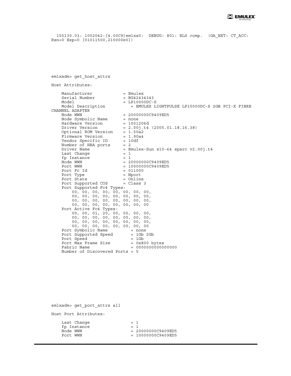 Get_host_attrs, Get_port_attrs <index>, <wwn> or all | Emulex EMULEX User Manual | Page 25 / 36