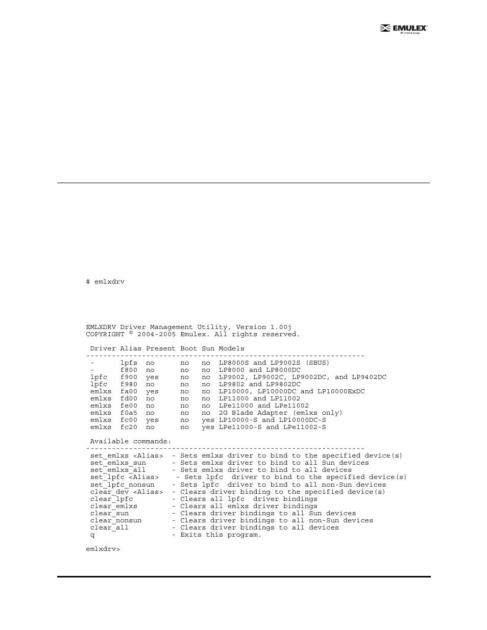 Using the emlxdrv utility, Modes of operation (emlxdrv), Interactive mode (emlxdrv) | Emlxdrv) | Emulex EMULEX User Manual | Page 30 / 36