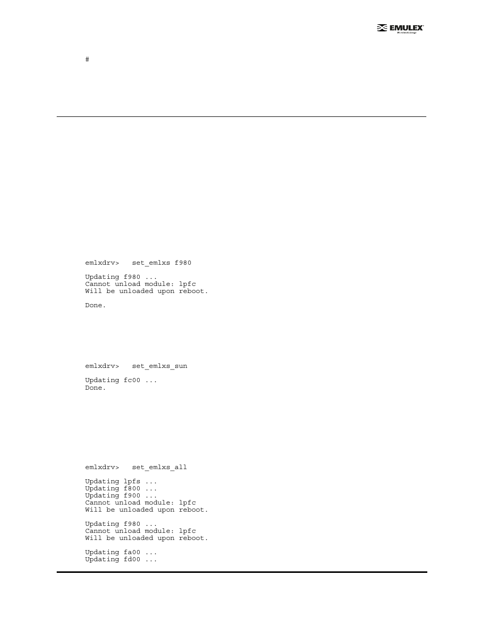 Command descriptions (emlxdrv), Set_emlxs <alias, Set_emlxs_sun | Set_emlxs_all, Set_emlxs <alias> set_emlxs_sun set_emlxs_all | Emulex EMULEX User Manual | Page 32 / 36