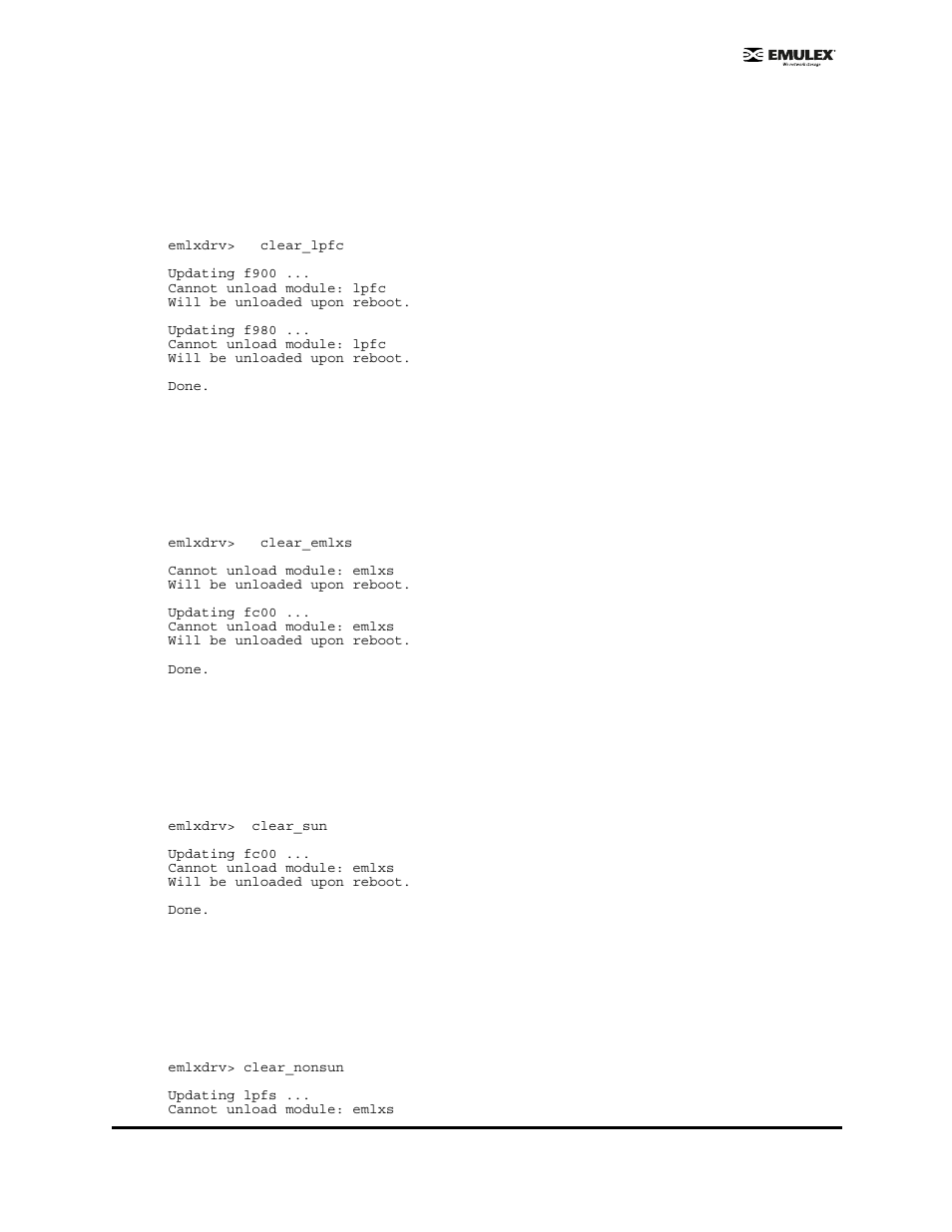 Clear_lpfc, Clear_emlxs, Clear_sun | Clear_nonsun, Clear_lpfc clear_emlxs clear_sun clear_nonsun | Emulex EMULEX User Manual | Page 34 / 36