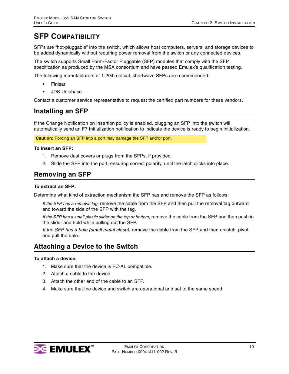 Sfp compatibility, Sfp c, Installing an sfp | Removing an sfp, Attaching a device to the switch, Ompatibility | Emulex 355 User Manual | Page 13 / 73