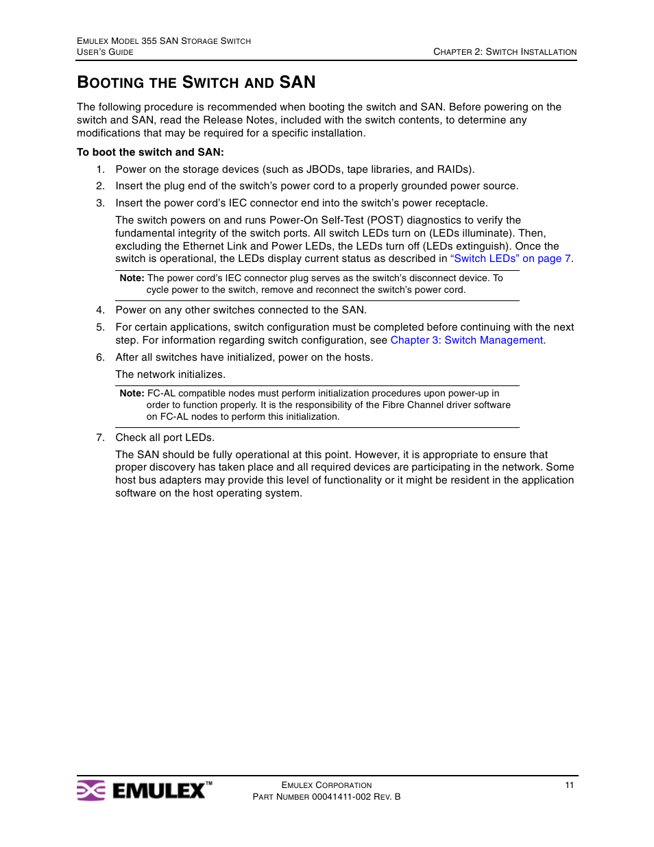 Booting the switch and san, Ooting, Witch | Emulex 355 User Manual | Page 14 / 73