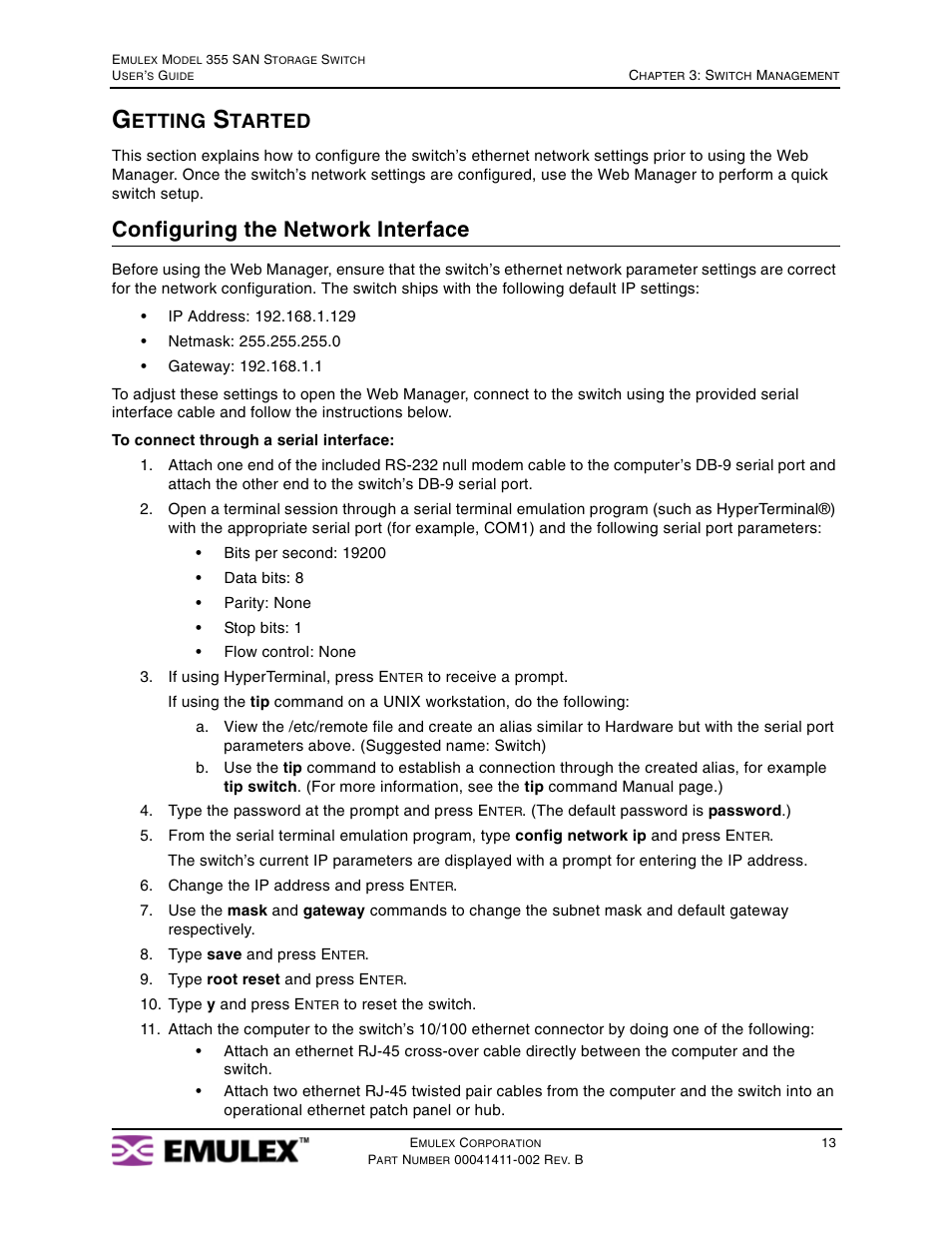 Getting started, Configuring the network interface, Etting | Tarted | Emulex 355 User Manual | Page 16 / 73