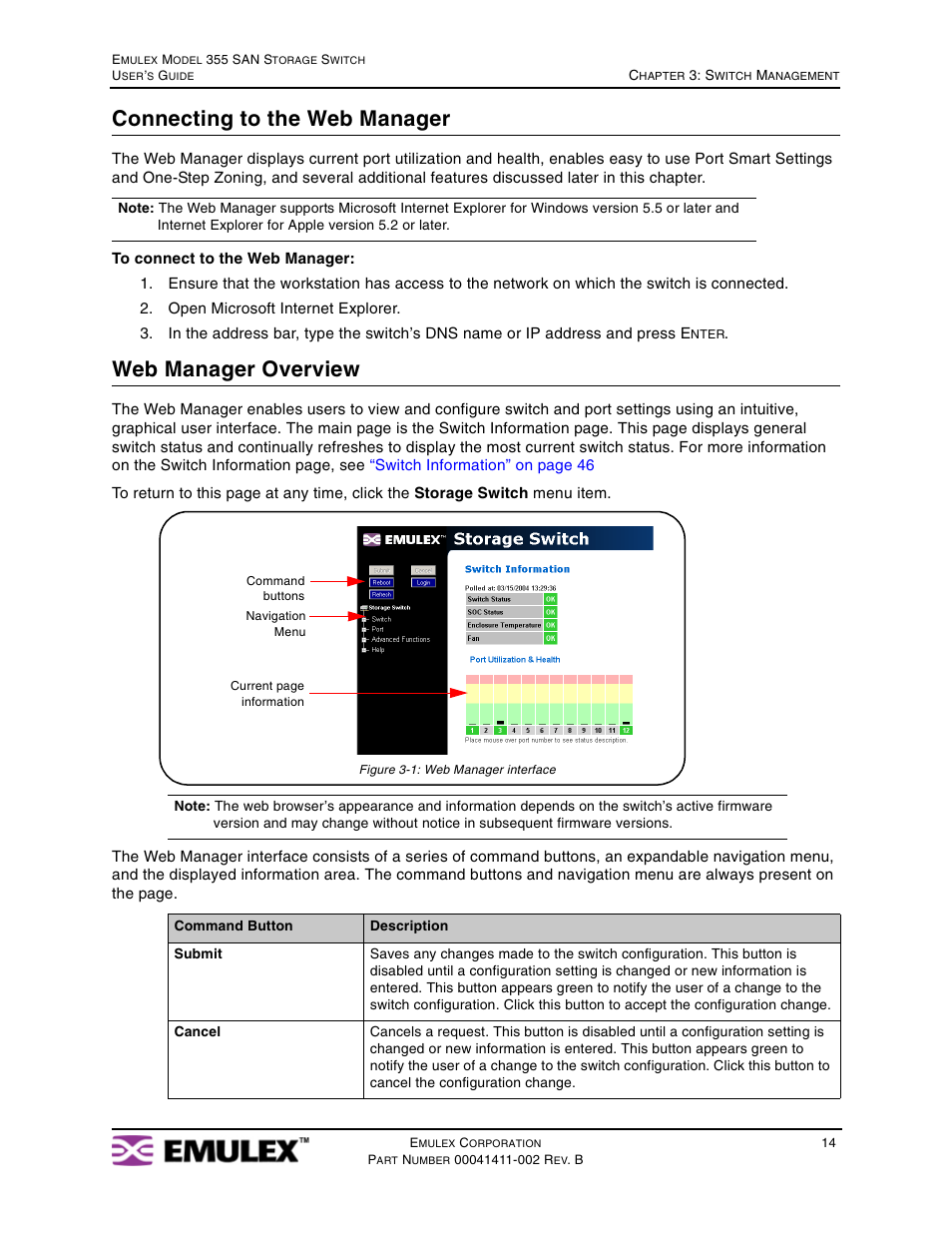 Connecting to the web manager, Web manager overview | Emulex 355 User Manual | Page 17 / 73