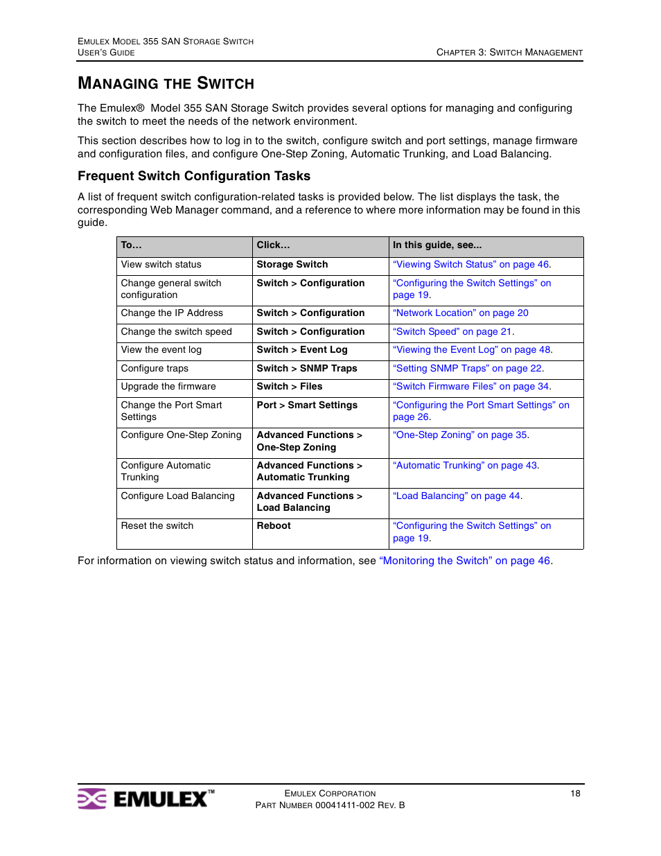 Managing the switch, Managing the switch” on, Anaging | Witch, Frequent switch configuration tasks | Emulex 355 User Manual | Page 21 / 73