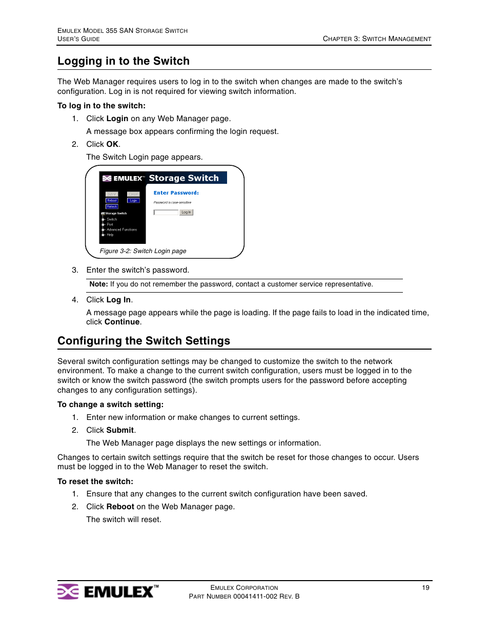 Logging in to the switch, Configuring the switch settings | Emulex 355 User Manual | Page 22 / 73