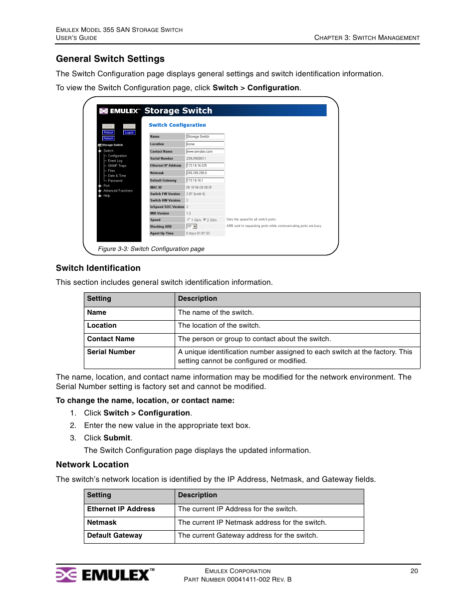 General switch settings, Switch identification, Network location | Emulex 355 User Manual | Page 23 / 73