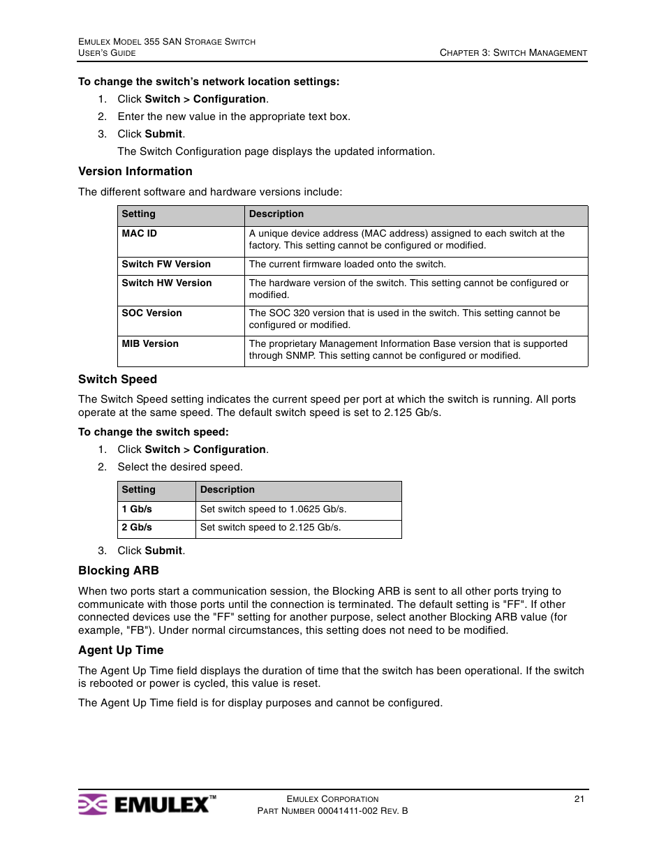 Version information, Switch speed, Blocking arb | Agent up time | Emulex 355 User Manual | Page 24 / 73