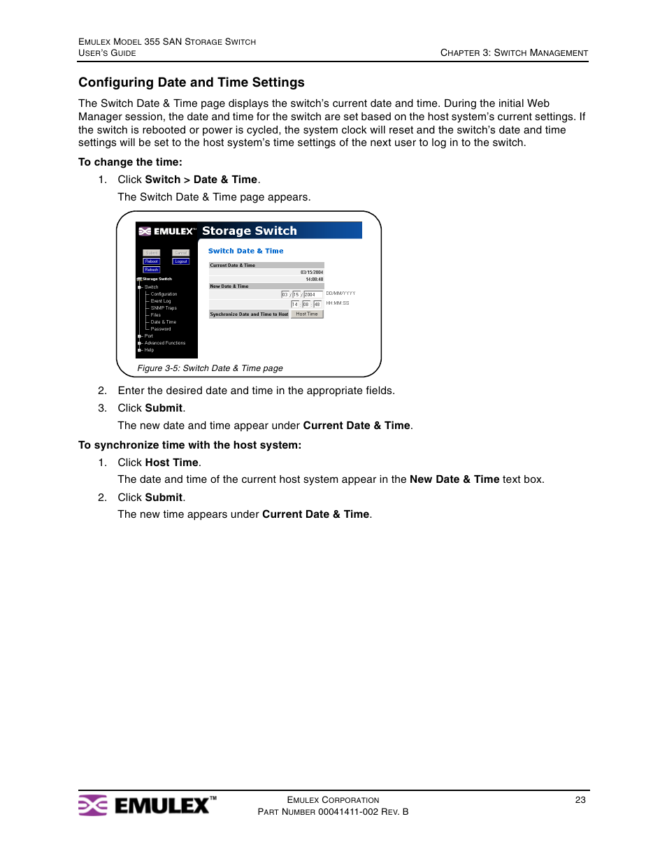 Configuring date and time settings | Emulex 355 User Manual | Page 26 / 73