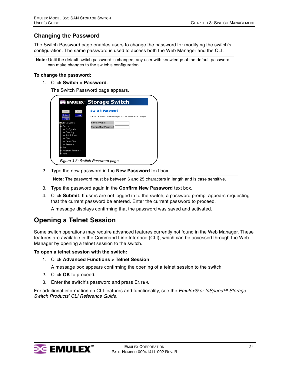 Opening a telnet session, Changing the password | Emulex 355 User Manual | Page 27 / 73