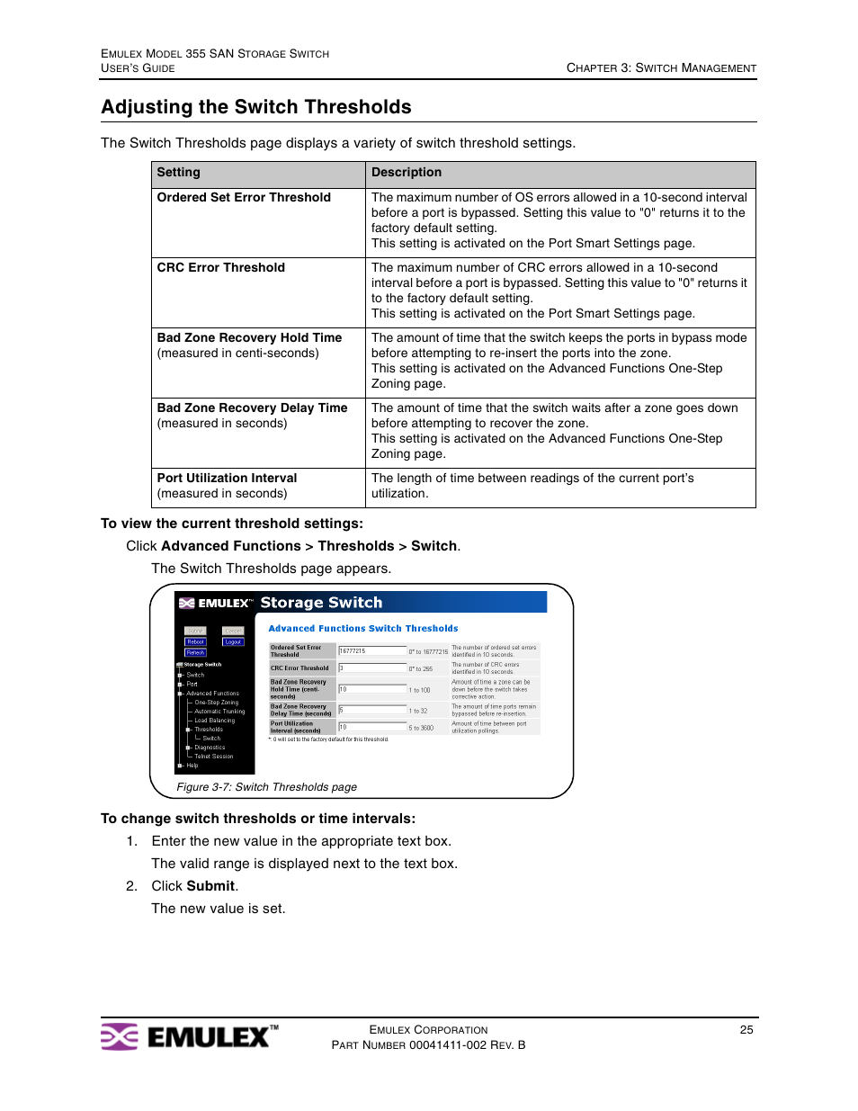 Adjusting the switch thresholds | Emulex 355 User Manual | Page 28 / 73