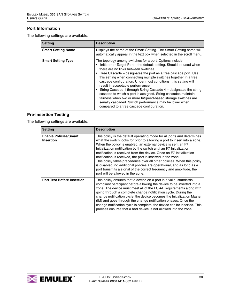 Port information, Pre-insertion testing | Emulex 355 User Manual | Page 33 / 73