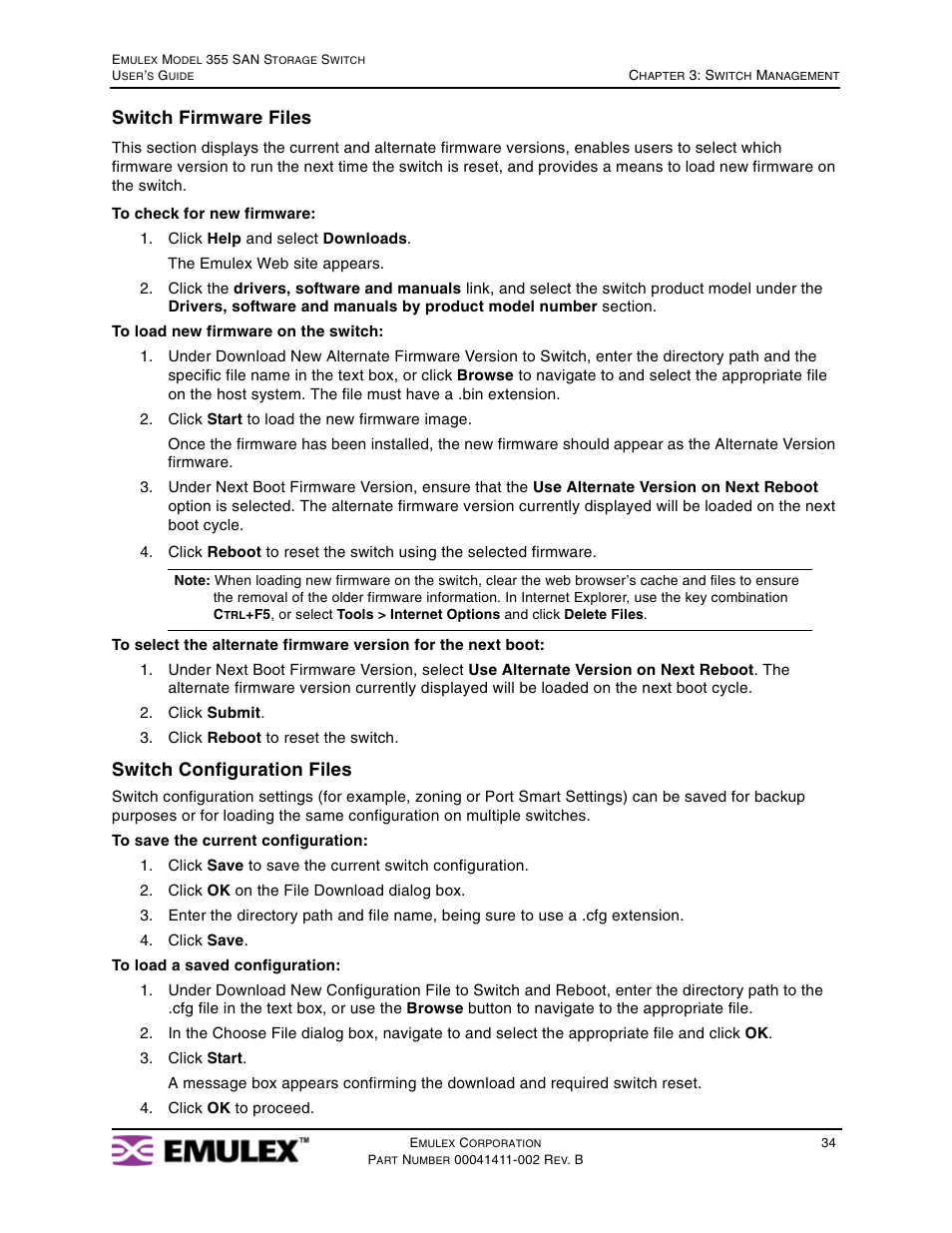 Switch firmware files, Switch configuration files | Emulex 355 User Manual | Page 37 / 73