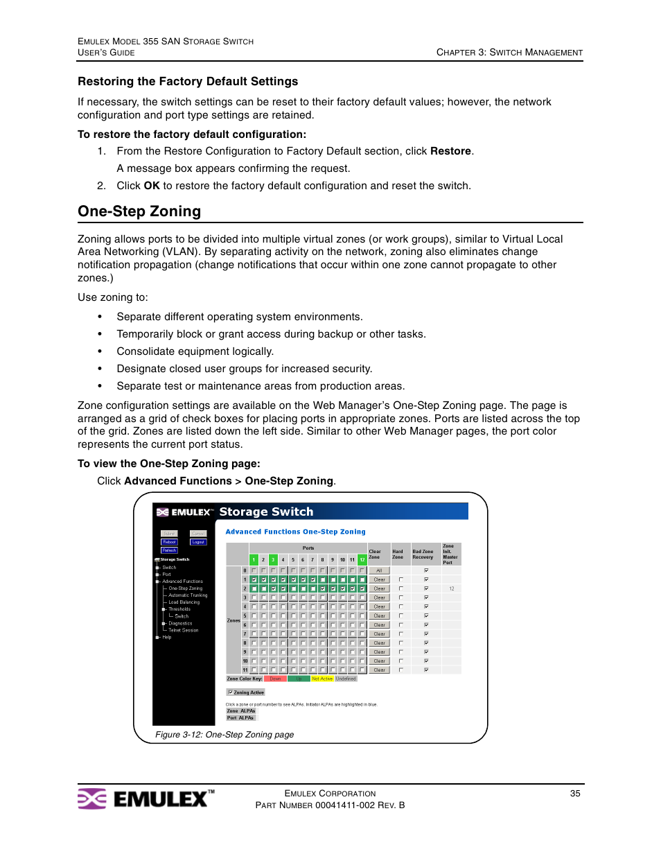 One-step zoning, Restoring the factory default settings | Emulex 355 User Manual | Page 38 / 73