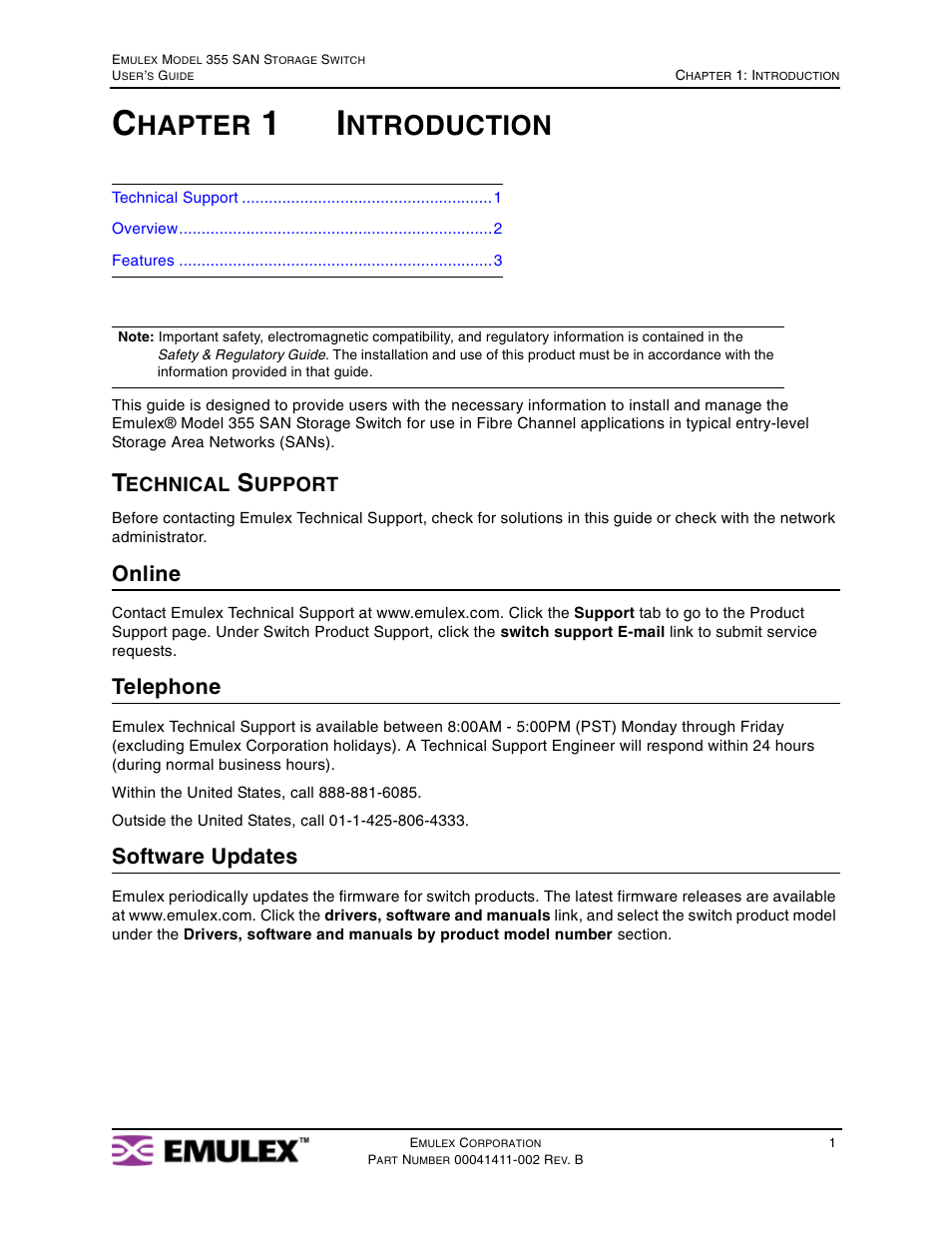 Chapter 1 introduction, Technical support, Chapter 1: introduction | Hapter, Ntroduction, Online, Telephone, Software updates | Emulex 355 User Manual | Page 4 / 73