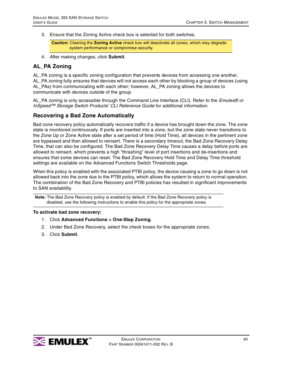 Al_pa zoning, Recovering a bad zone automatically | Emulex 355 User Manual | Page 43 / 73