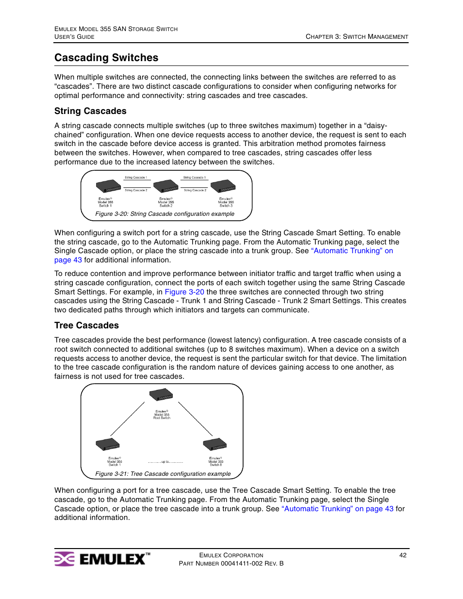 Cascading switches, String cascades, Tree cascades | Emulex 355 User Manual | Page 45 / 73