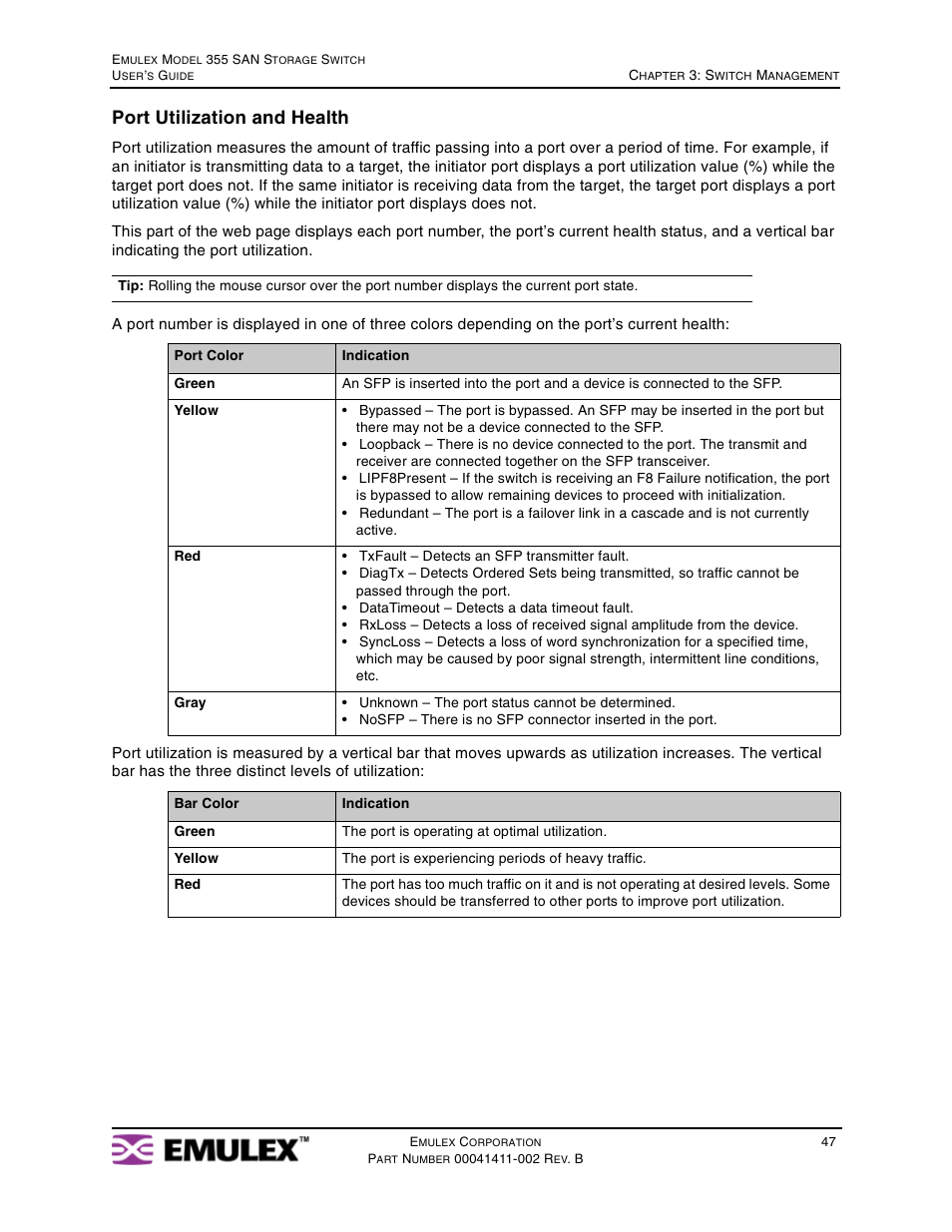 Port utilization and health | Emulex 355 User Manual | Page 50 / 73