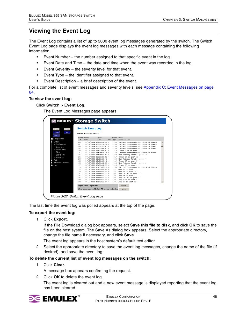 Viewing the event log | Emulex 355 User Manual | Page 51 / 73