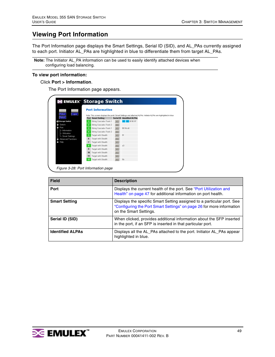 Viewing port information | Emulex 355 User Manual | Page 52 / 73
