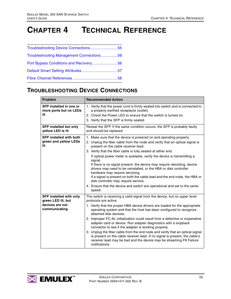 Chapter 4 technical reference, Troubleshooting device connections, Chapter 4: technical reference | Hapter, Echnical, Eference | Emulex 355 User Manual | Page 58 / 73