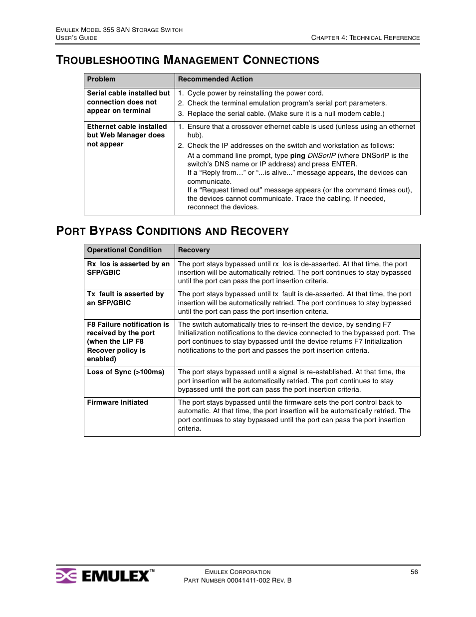 Troubleshooting management connections, Port bypass conditions and recovery, Roubleshooting | Anagement, Onnections, Ypass, Onditions, Ecovery | Emulex 355 User Manual | Page 59 / 73