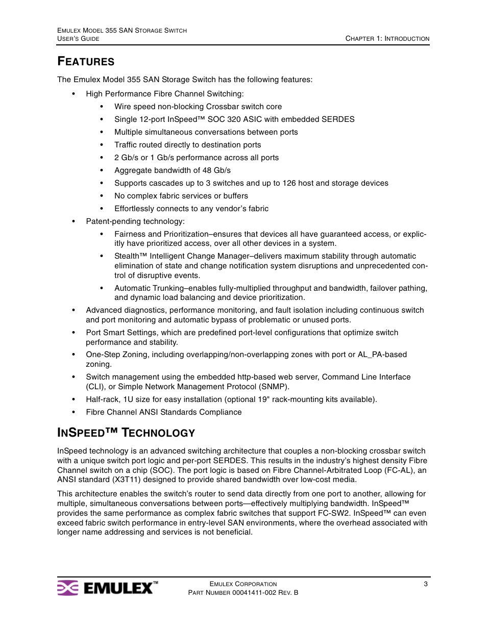 Features, Inspeed™ technology, Eatures | Peed, Echnology | Emulex 355 User Manual | Page 6 / 73