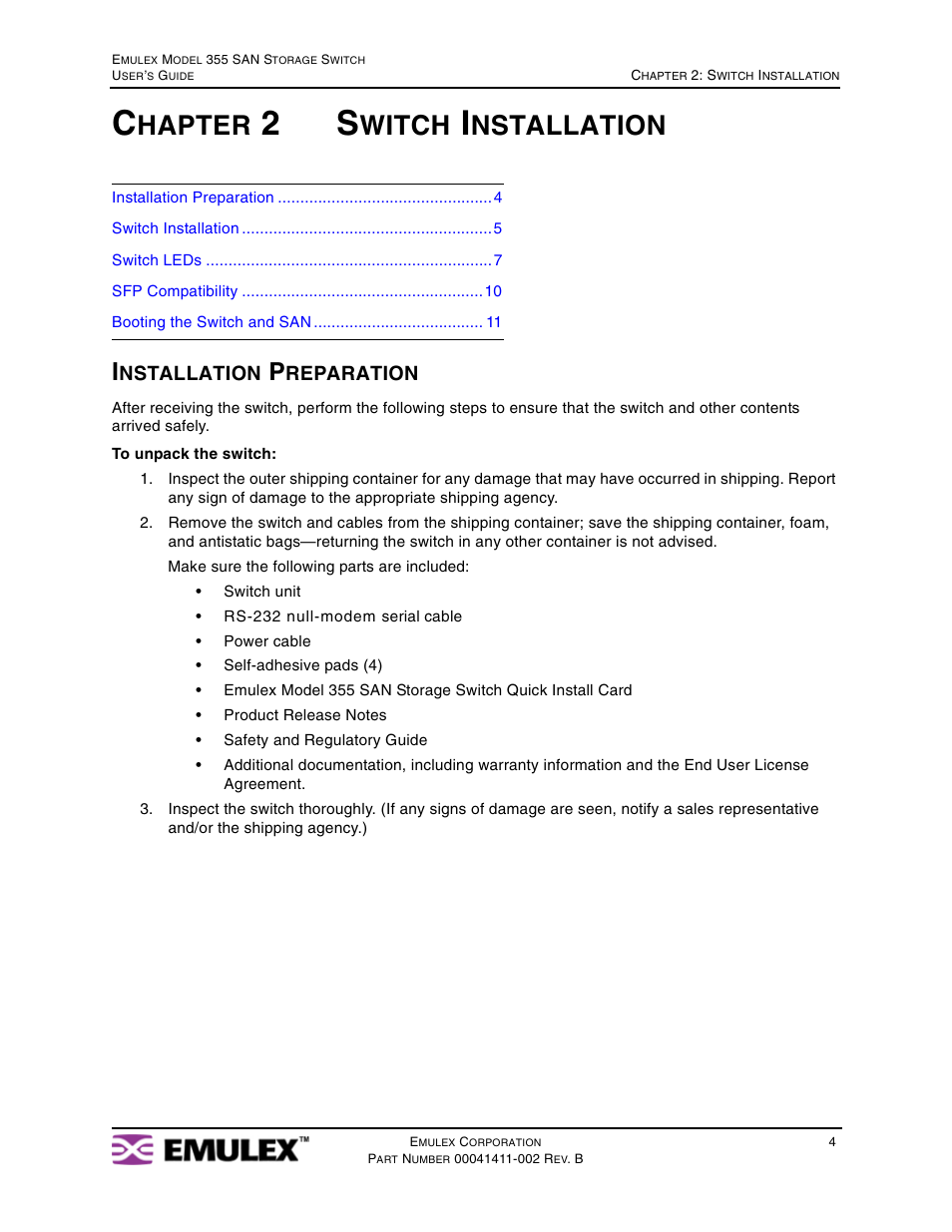 Chapter 2 switch installation, Installation preparation, Chapter 2: switch installation | Hapter, Witch, Nstallation | Emulex 355 User Manual | Page 7 / 73