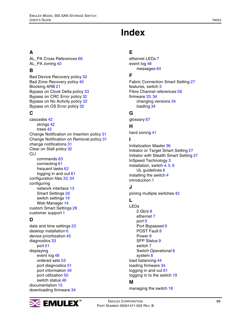 Index | Emulex 355 User Manual | Page 71 / 73