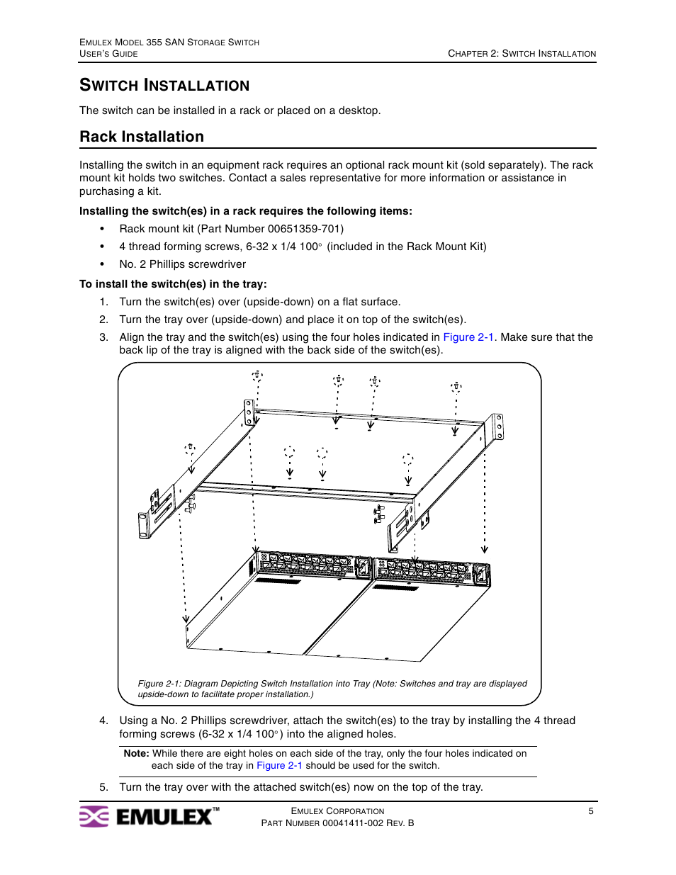 Switch installation, Rack installation, Witch | Nstallation | Emulex 355 User Manual | Page 8 / 73