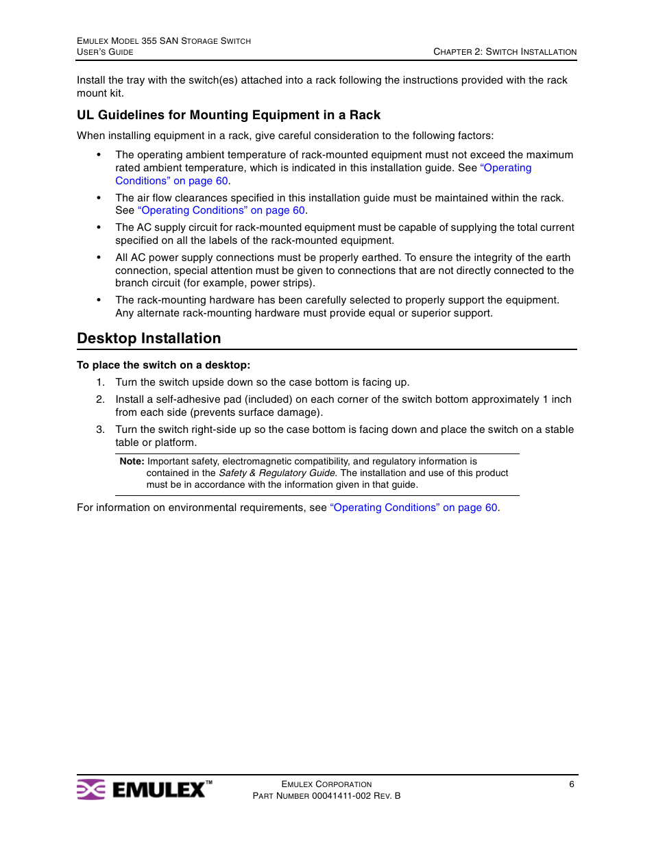 Desktop installation, Ul guidelines for mounting equipment in a rack | Emulex 355 User Manual | Page 9 / 73