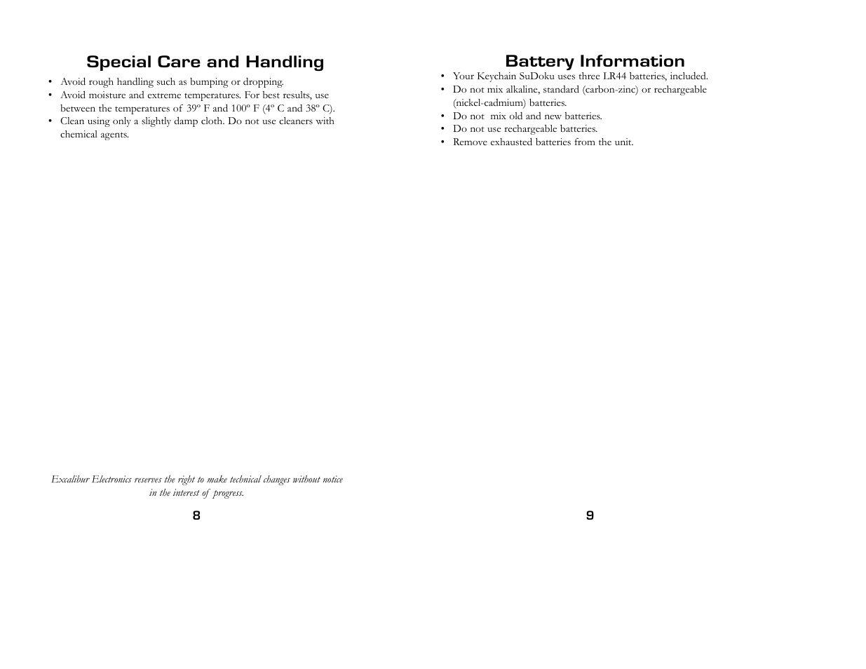Special care and handling, Battery information | Excalibur electronic K452-CS User Manual | Page 5 / 7