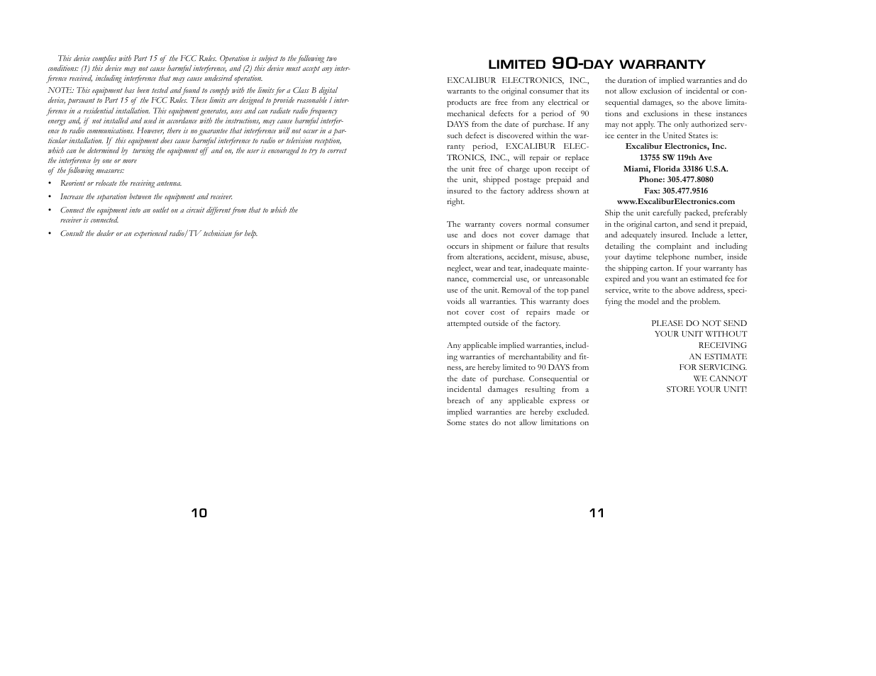 Limited, Day warranty 11 10 | Excalibur electronic K452-CS User Manual | Page 6 / 7