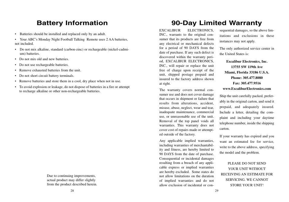 Day limited warranty battery information | Excalibur electronic 201 User Manual | Page 15 / 16