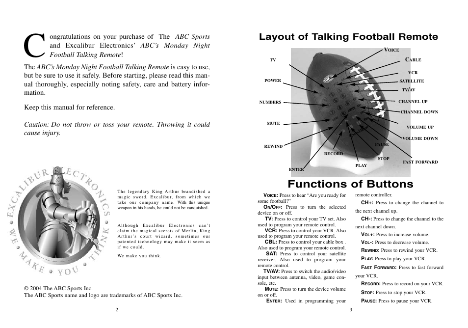 Functions of buttons, Layout of talking football remote | Excalibur electronic 201 User Manual | Page 2 / 16