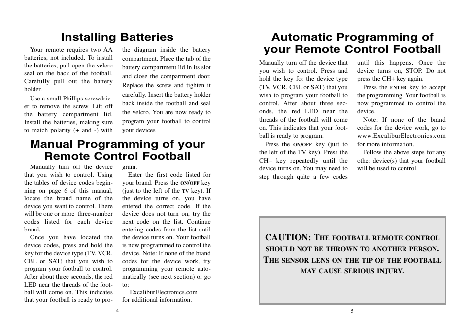 Installing batteries, Manual programming of your remote control football, Caution: t | Excalibur electronic 201 User Manual | Page 3 / 16