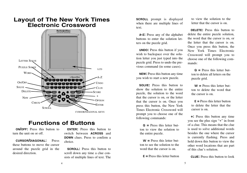 Layout of the new york times electronic crossword, Functions of buttons | Excalibur electronic NY10 User Manual | Page 3 / 8