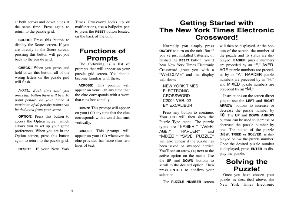 Functions of prompts, Solving the puzzle | Excalibur electronic NY10 User Manual | Page 4 / 8