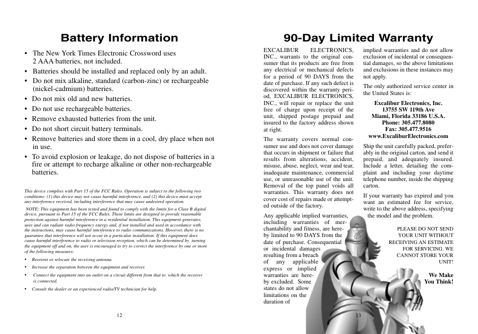 Battery information, Day limited warranty | Excalibur electronic NY10 User Manual | Page 7 / 8