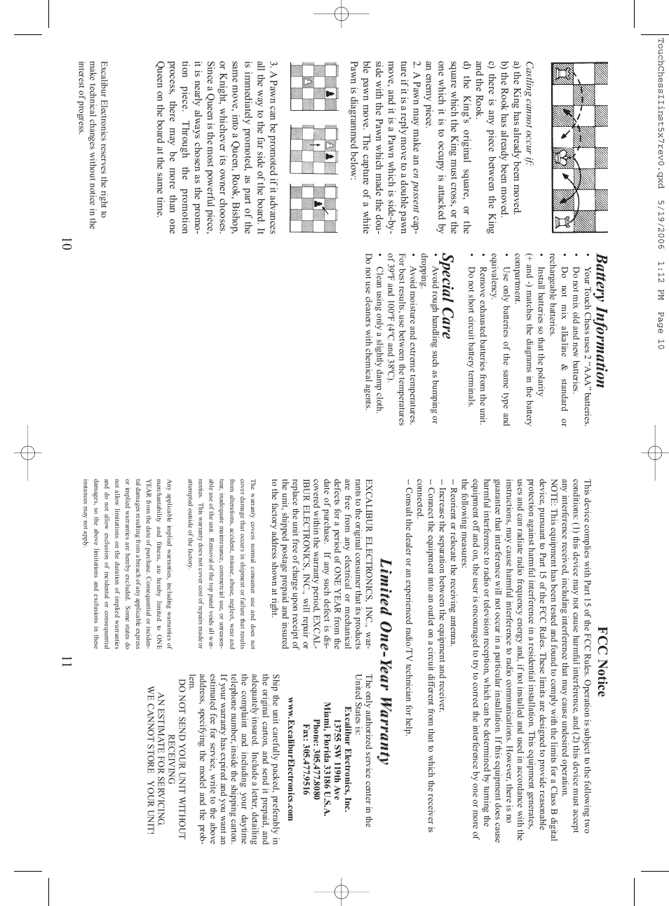 Special care, Battery information, Limited one-y | Limited one-y ear ear w w arranty arranty, Fcc notice | Excalibur electronic Touch Chess II 404ET User Manual | Page 6 / 7