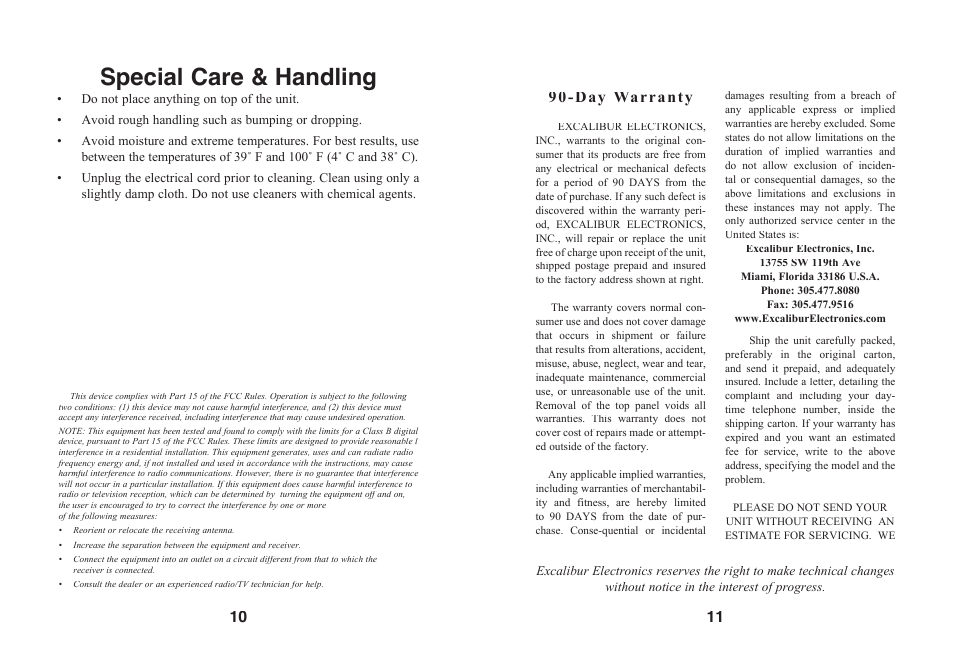 Special care & handling | Excalibur electronic RD66 User Manual | Page 6 / 9