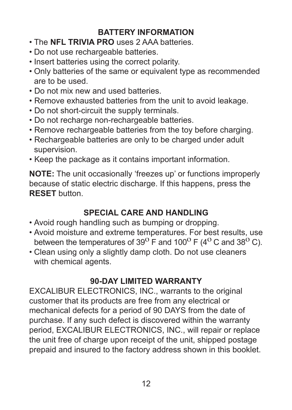 Excalibur electronic Trivia Pro 330 User Manual | Page 12 / 14