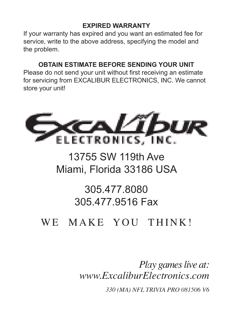 Excalibur electronic Trivia Pro 330 User Manual | Page 14 / 14