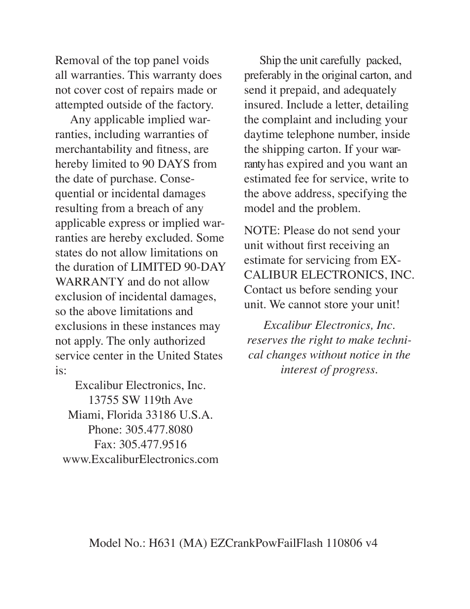 Excalibur electronic H631 User Manual | Page 3 / 3