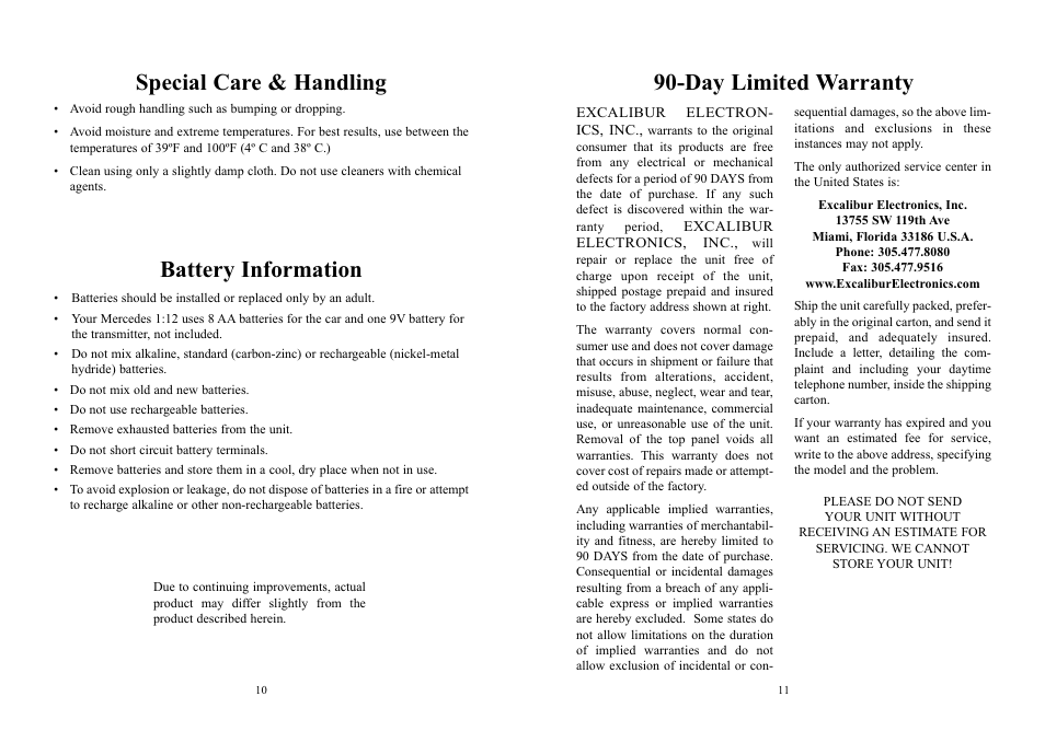 Special care & handling battery information, Day limited warranty | Excalibur electronic 904BK (Black) User Manual | Page 6 / 7