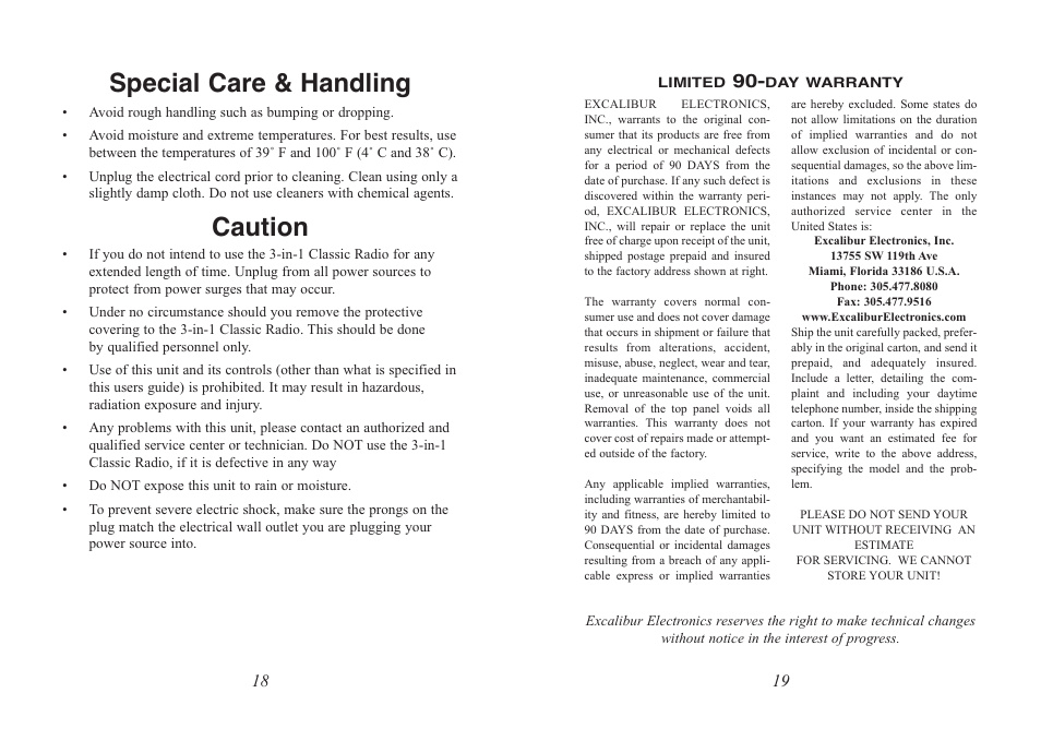 Caution, Special care & handling | Excalibur electronic RD54 User Manual | Page 10 / 11