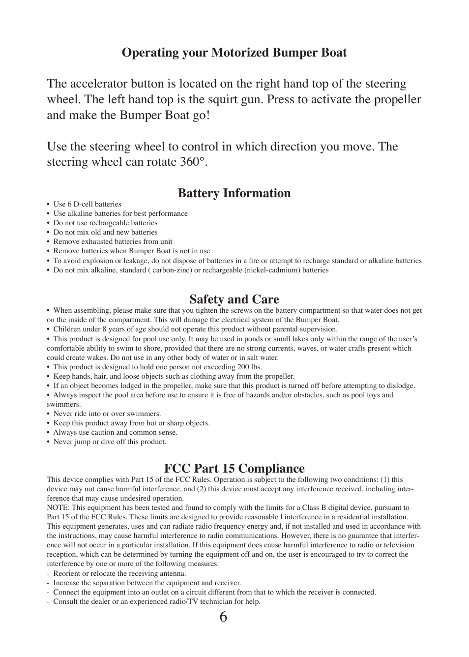 Safety and care, Fcc part 15 compliance | Excalibur electronic Motorized Bumper Boat with Squirt Gun PR11BK-2 User Manual | Page 6 / 8