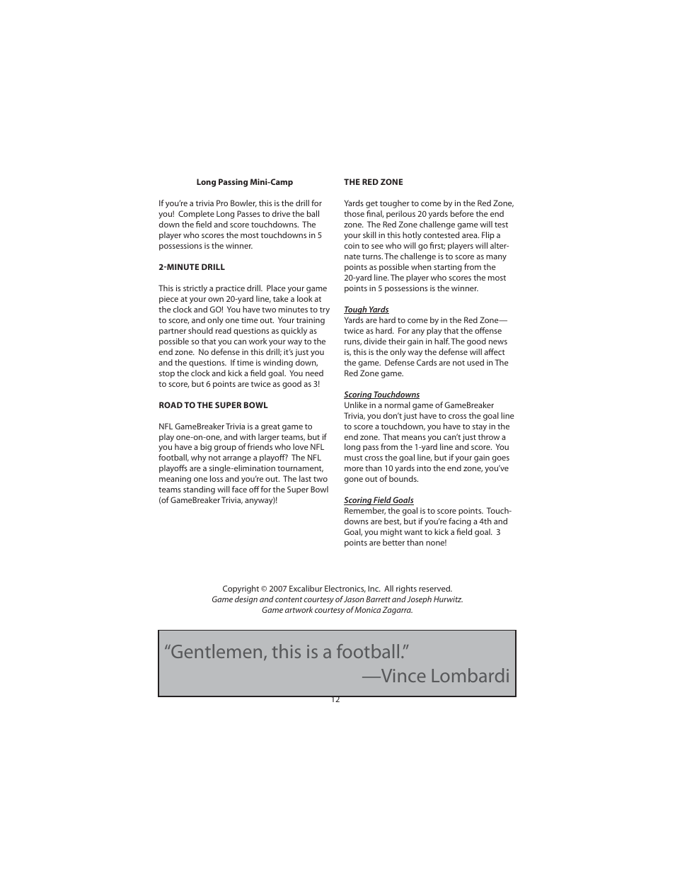Gentlemen, this is a football.” —vince lombardi | Excalibur electronic NF-05 User Manual | Page 12 / 16
