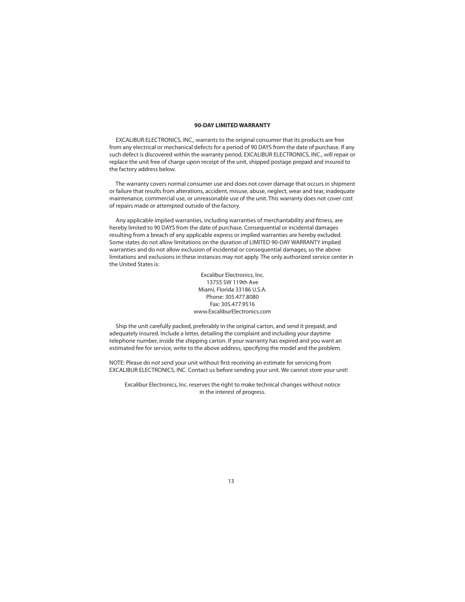 Excalibur electronic NF-05 User Manual | Page 13 / 16